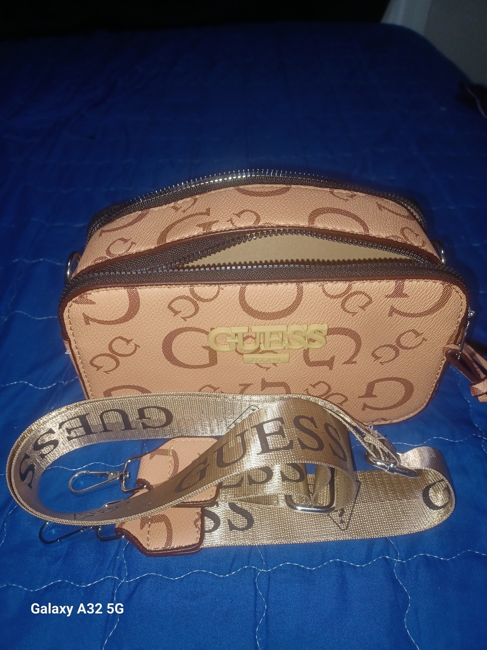 Guess Tan Monogram Double-Zip Crossbody with Branded Strap